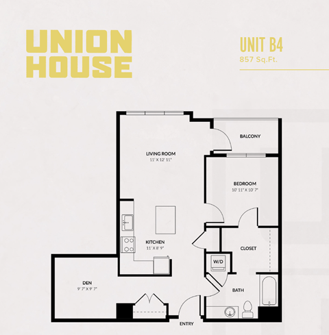 Floor plan for 1 bed, 1 bath, 857 sqft